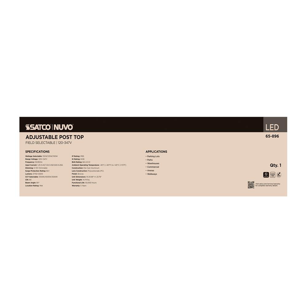 Nuvo 65-896 Bronze 150/125/100 Watt - 3k/4k/5k Cct Large Led Post Top - Bronze - 120-347 Volt Image 2