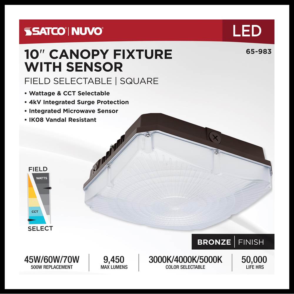 Nuvo 65-983 Bronze 10 Inch Led Field Selectable Canopy Fixture With Sensor - 45/60/70 Watts - 3k/4k/5k Cct - 120-277 Range Voltage Image 3