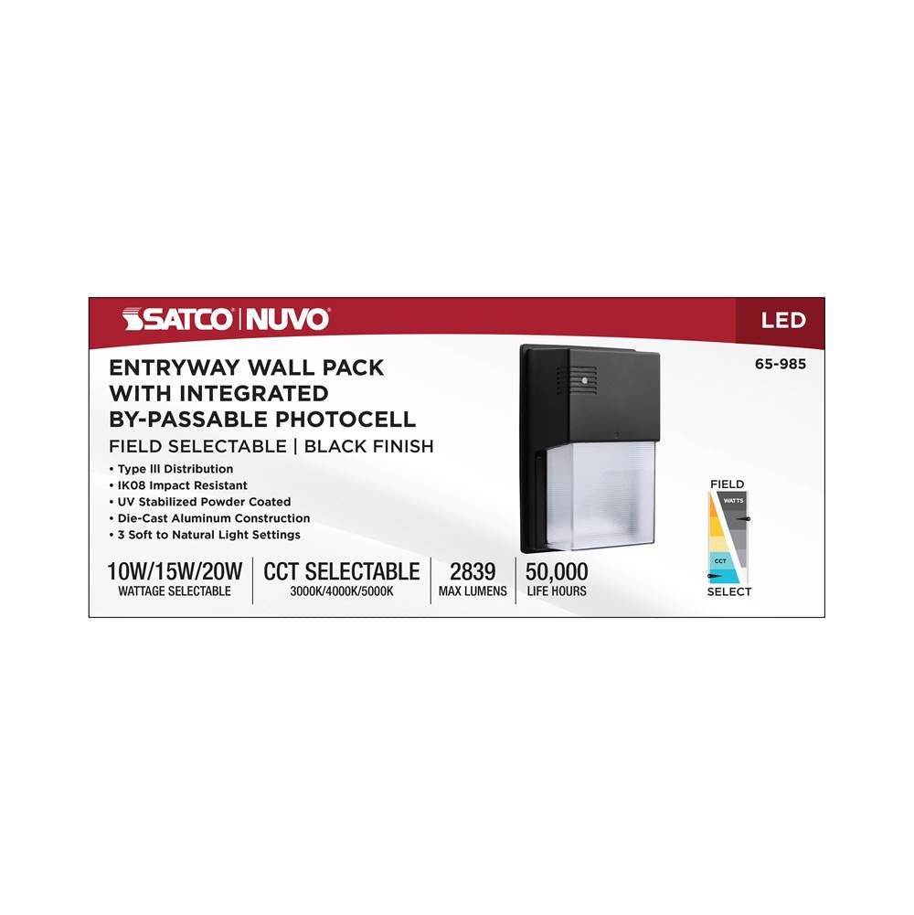 Nuvo 65-985 Black Led Entryway Wall Pack - 10/15/20 Wattage Selectable - 30k/40k/50k Cct Selectable - Black Finish Image 3