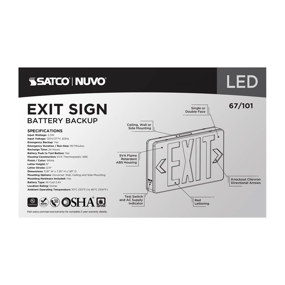 Nuvo 67-101 White Red Led Exit Sign, 90min Ni-cad Backup, 120/277v, Single/dual Face, Universal Mounting - White Finish Image 8