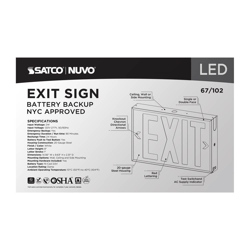 Nuvo 67-102 White Red Led Exit Sign, 90min Ni-cad Backup, 120v/277v, Single/dual Face, Universal Mounting, Steel/nyc - White Finish Image 7