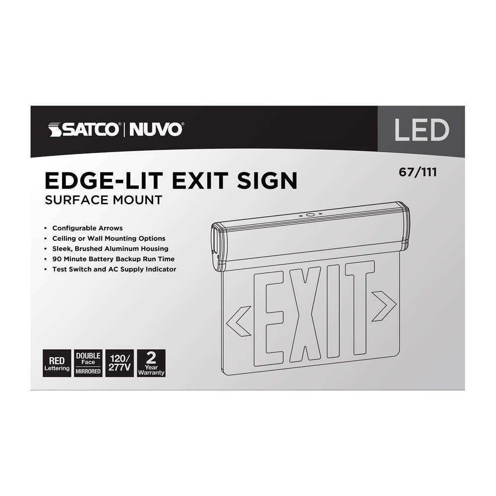 Nuvo 67-111 Silver Red (mirror) Edge Lit Led Exit Sign, 90min Ni-cad Backup, 120/277v, Dual Face, Top/back/end Mount - Silver Finish Image 7