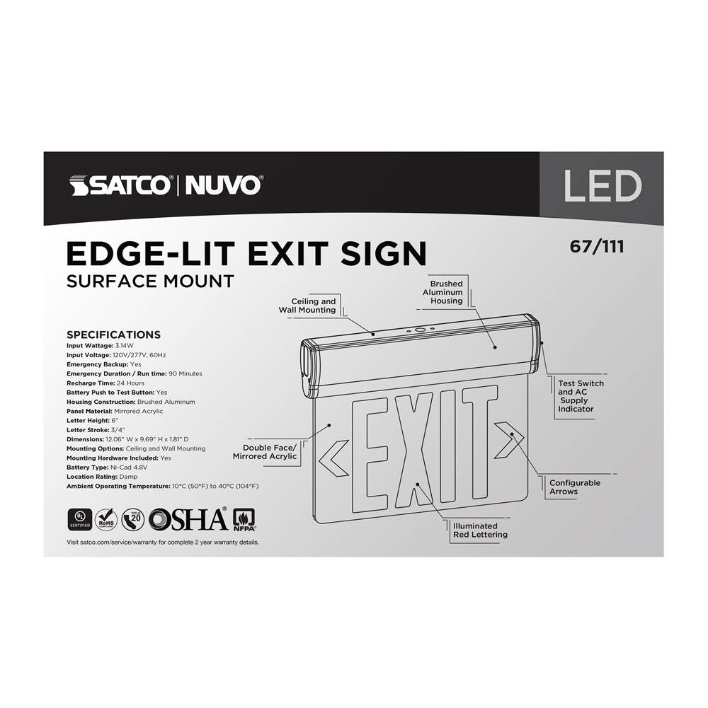 Nuvo 67-111 Silver Red (mirror) Edge Lit Led Exit Sign, 90min Ni-cad Backup, 120/277v, Dual Face, Top/back/end Mount - Silver Finish Image 6