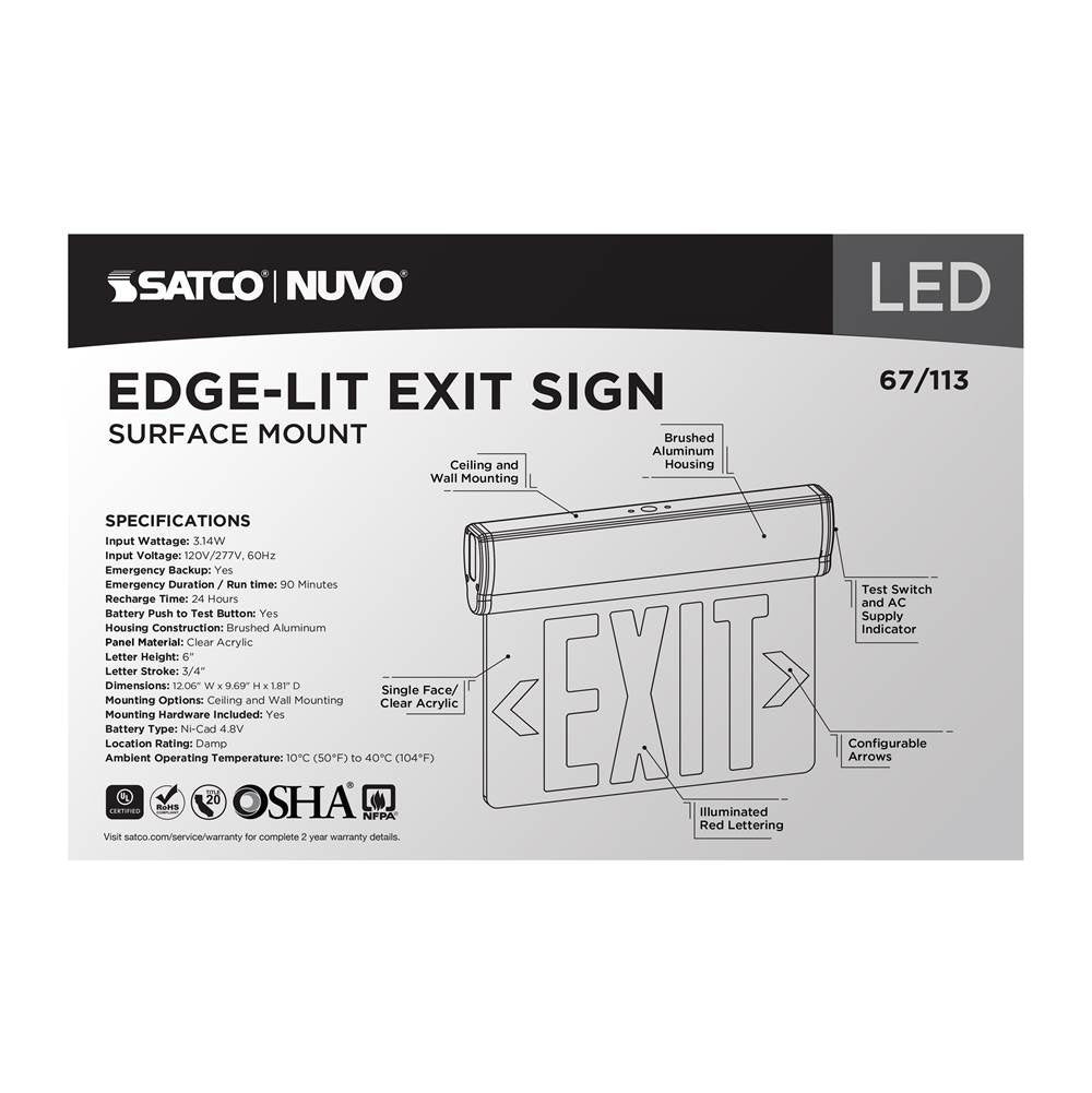 Nuvo 67-113 Clear Red (clear) Edge Lit Led Exit Sign, 90min Ni-cad Backup, 120/277v, Single Face, Top/back/end Mount - Clear Finish Image 6