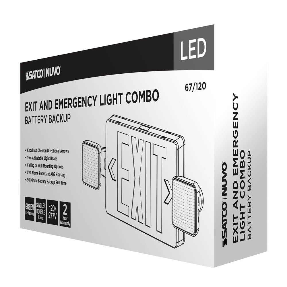 Nuvo 67-120 White Combination Green Exit Sign/emergency Light, 90min Ni-cad Backup, 120/277v, Dual Head, Single/dual Face, Universal Mounting - White Finish Image 2