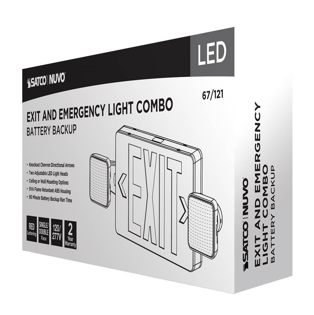Nuvo 67-121 White Combination Red Exit Sign/emergency Light, 90min Ni-cad Backup, 120/277v, Dual Head, Single/dual Face, Universal Mounting - White Finish Image 2