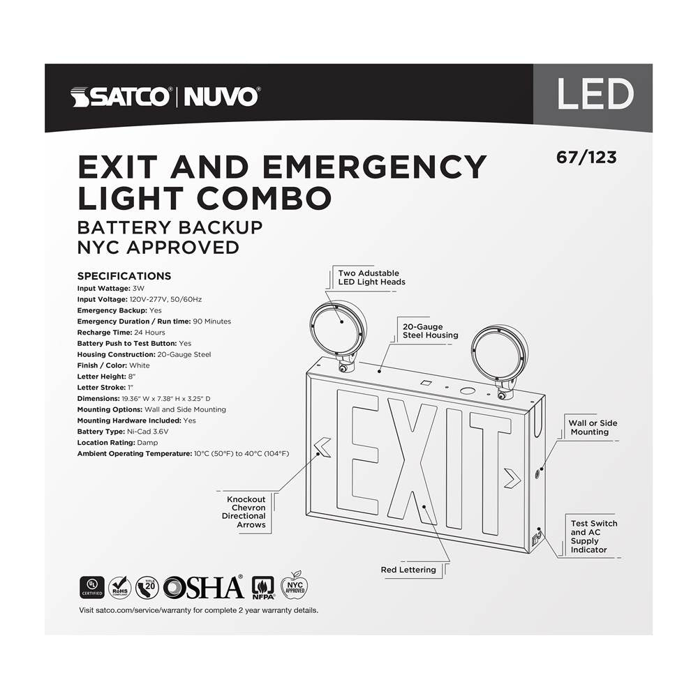 Nuvo 67-123 White Combination Red Exit Sign/emergency Light, 90min Ni-cad Backup, 120-277v, Dual Head, Single/dual Face, Universal Mounting, Steel/nyc - White Finish Image 3