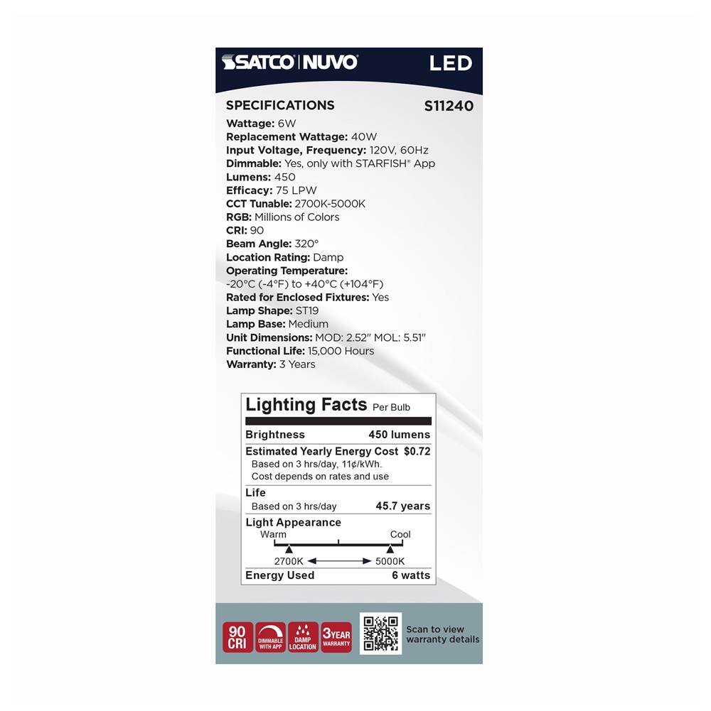 Nuvo S11240 Clear 6 Watt - St19 Led - 2700k-5000k Rgb/tunable White - Starfish Iot - Clear - Medium Base - 120 Volt Image 5