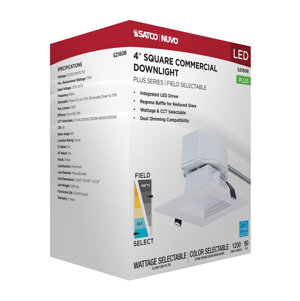 Nuvo S21608 White 13.5w Field Selectable Led 4-inch Commercial Downlight - Dual Dimming - Square - 120-347 Volt Image 2