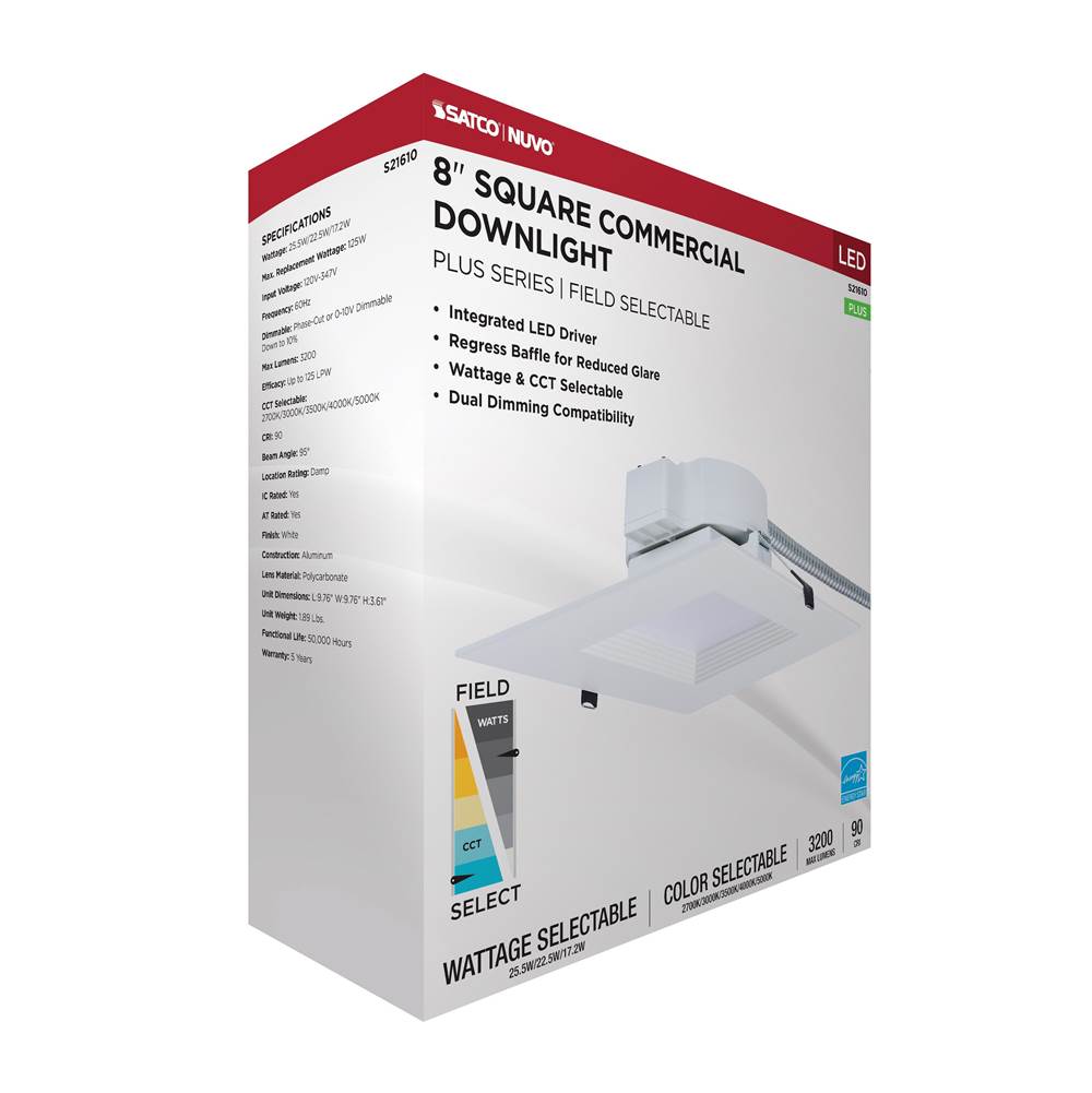 Nuvo S21610 White 25.5w Field Selectable Led 8-inch Commercial Downlight - Dual Dimming - Square - 120-347 Volt Image 2