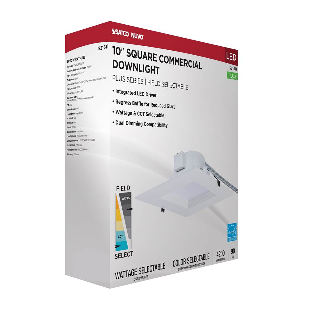 Nuvo S21611 White 35w Field Selectable Led 10-inch Commercial Downlight - Dual Dimming - Square - 120-277 Volt Image 2