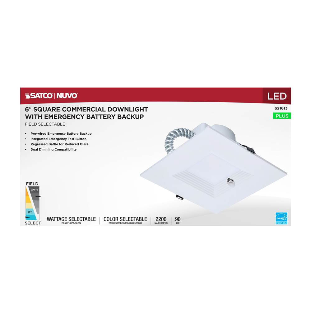 Nuvo S21613 White 20.5w Field Selectable Led 6-inch Commercial Downlight - Dual Dimming - Integrated Emergency Driver - Square - 120-347 Volt Image 3