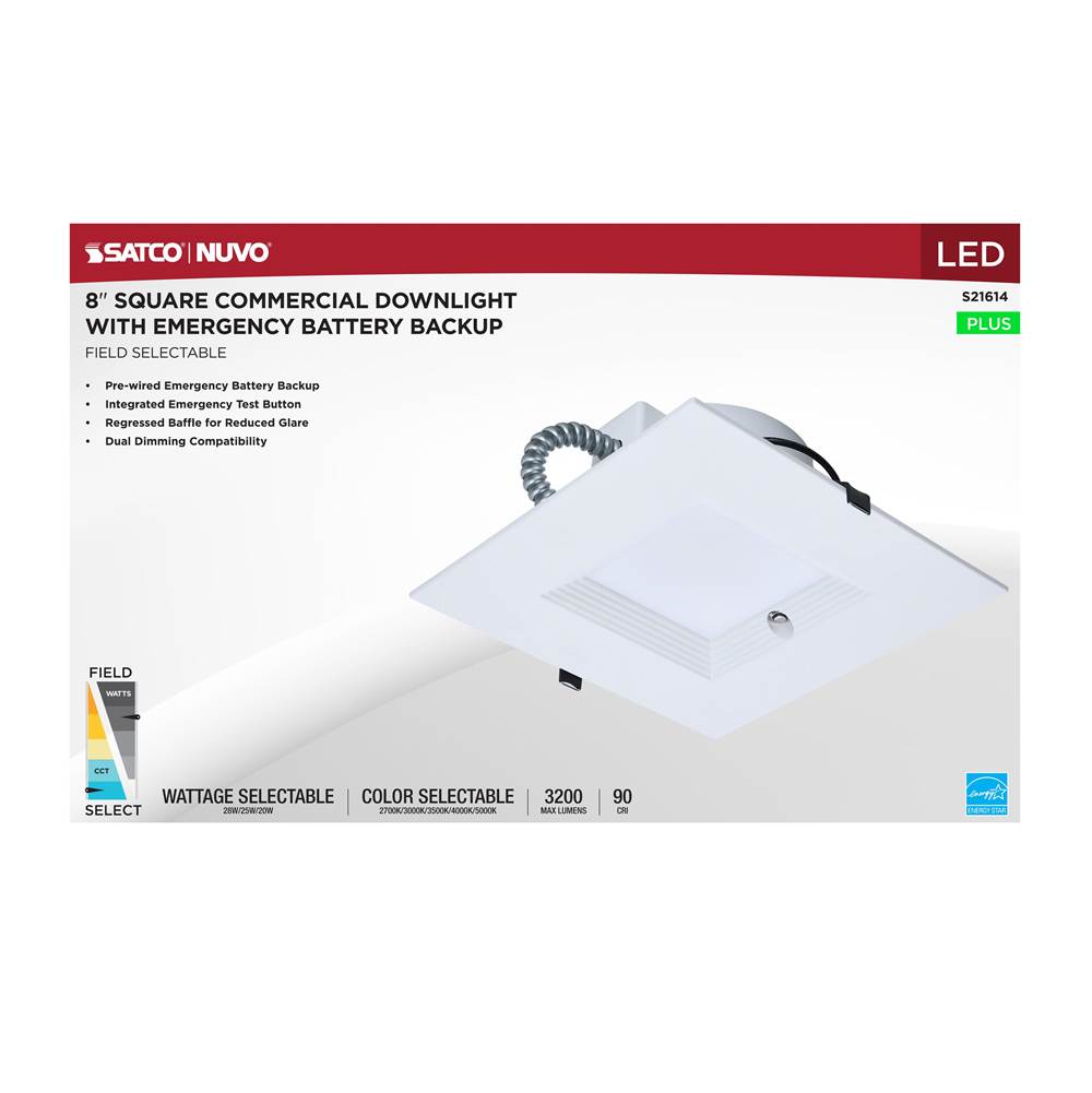 Nuvo S21614 White 28w Field Selectable Led 8-inch Commercial Downlight - Dual Dimming - Integrated Emergency Driver - Square - 120-347 Volt Image 3