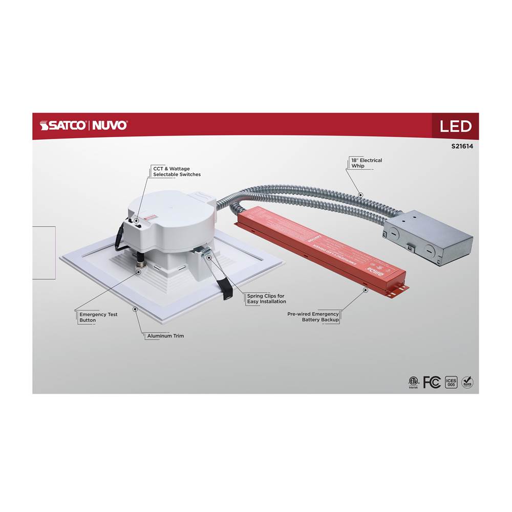 Nuvo S21614 White 28w Field Selectable Led 8-inch Commercial Downlight - Dual Dimming - Integrated Emergency Driver - Square - 120-347 Volt Image 2