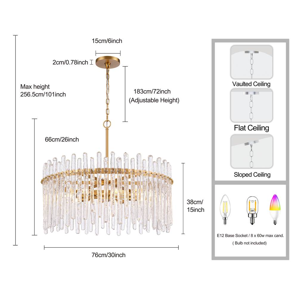 Arabela Lighting 85101-8 Natural Brass 30'' Icicles Pendant In Brass With Handmade Textured Glass Rods Image 2