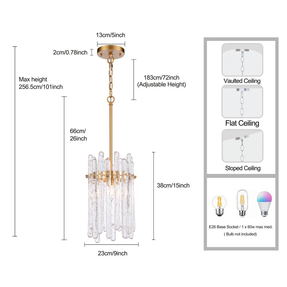 Arabela Lighting 85104-1 Natural Brass 9'' Icicles Pendant In Brass With Handmade Textured Glass Rods Image 2