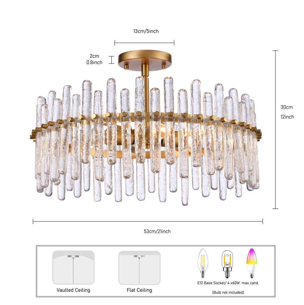 Arabela Lighting 85109-4 Satin Brass 21'' Icicles Semi Flush In Brass With Handmade Textured Glass Rods Image 3