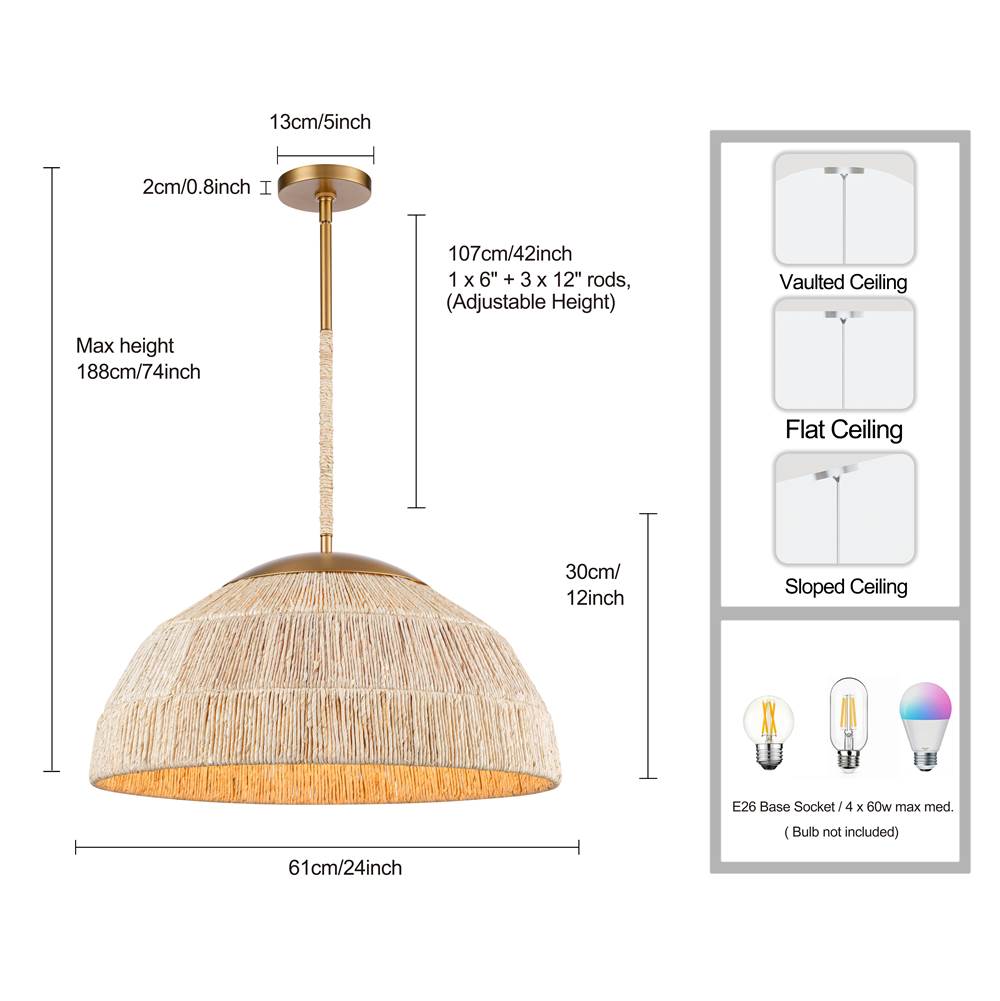 Arabela Lighting 85112-4 Natural Brass 24'' Copa Pendant In  Brass With Natural Corn Leaf Image 2