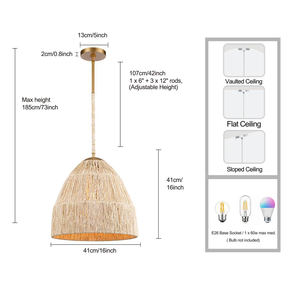 Arabela Lighting 85113-1 Natural Brass 16'' Copa Pendant In  Brass With Natural Corn Leaf Image 2