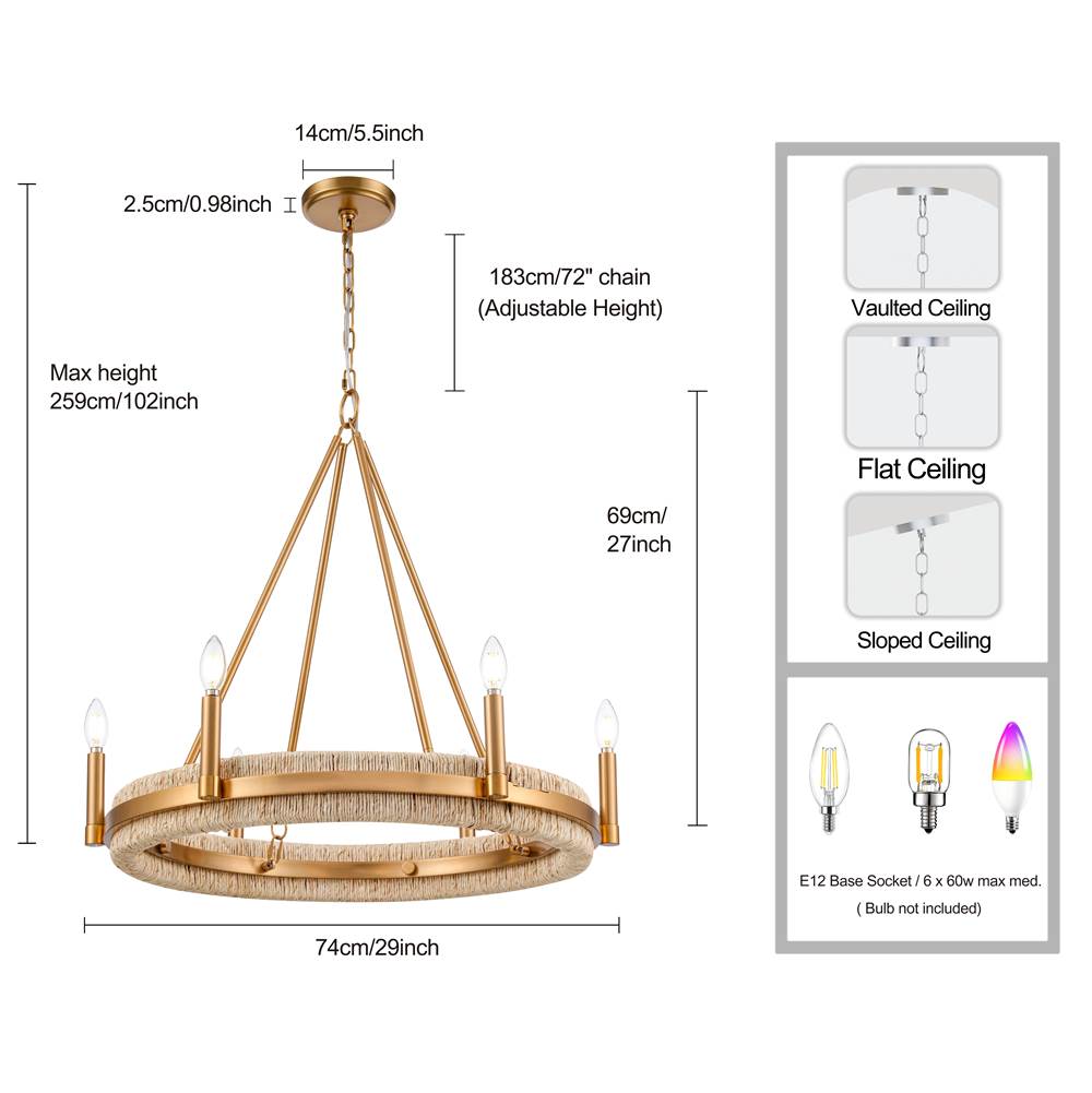 Arabela Lighting 85115-6 Natural Brass 29'' Copa Chandelier In  Brass With Natural Corn Leaf Image 2