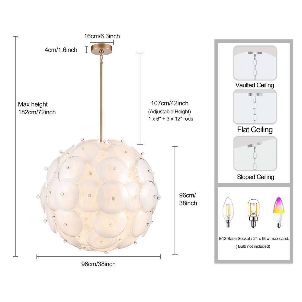 Arabela Lighting 85121-24 Lacquered Gold 38'' Tallulah Pendant In Lacquered Gold With White Swirl Glass With Clear Edging Image 2