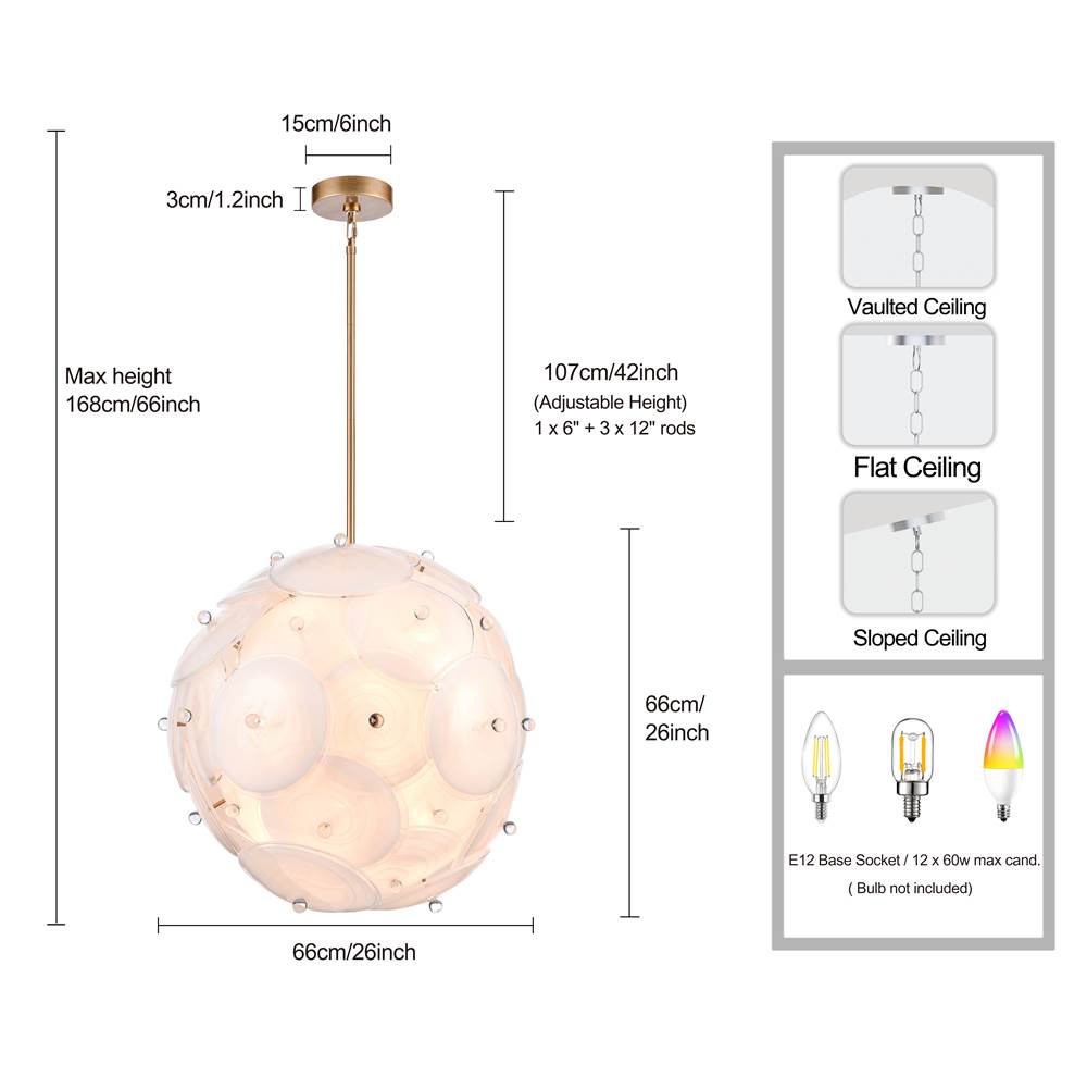 Arabela Lighting 85122-12 Lacquered Gold 26'' Tallulah Pendant In Lacquered Gold With White Swirl Glass With Clear Edging Image 2