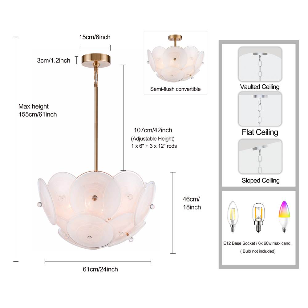 Arabela Lighting 85123-6 Lacquered Gold 24'' Tallulah Pendant In Lacquered Gold With White Swirl Glass With Clear Edging Image 2
