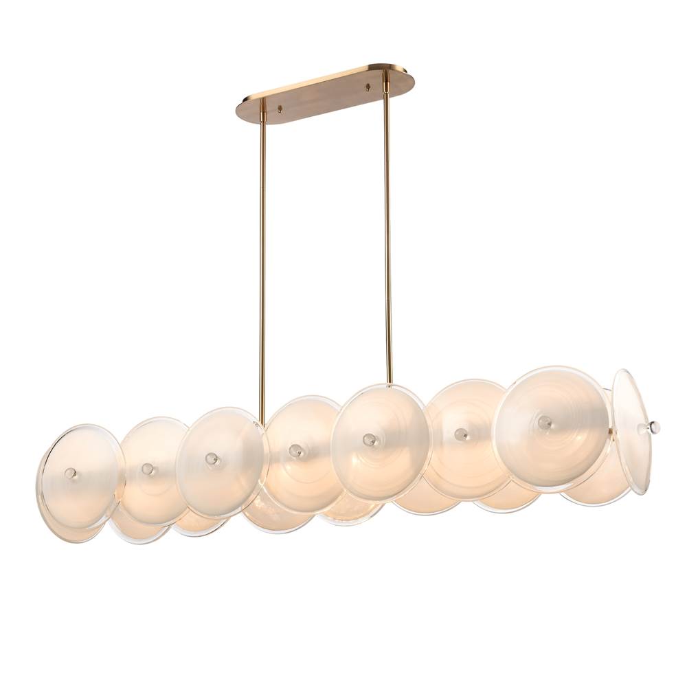 Arabela Lighting Tallulah 53.5'' Tallulah Linear Chandelier In Lacquered Gold With White Swirl Glass And Clear Edging