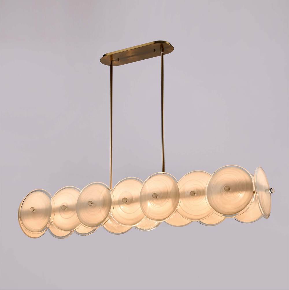 Arabela Lighting 85124-8 Lacquered Gold 53.5'' Tallulah Linear Chandelier In Lacquered Gold With White Swirl Glass And Clear Edging Image 5