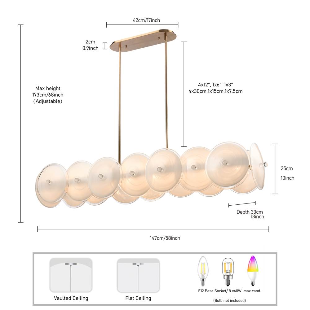 Arabela Lighting 85124-8 Lacquered Gold 53.5'' Tallulah Linear Chandelier In Lacquered Gold With White Swirl Glass And Clear Edging Image 2