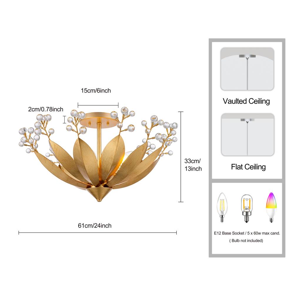 Arabela Lighting 85134-5 Antique Gold Leaf 13''  Callista Semi Flushmount In  Antique Gold Leaf With Clear Crytal Image 2