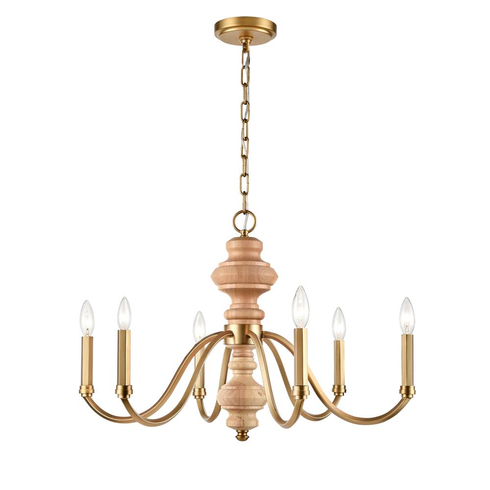 Arabela Lighting 85141-6 Natural Brass 27'' French Country Chandelier In Natural Brass With Natural Solid Wood Center Column Image 1