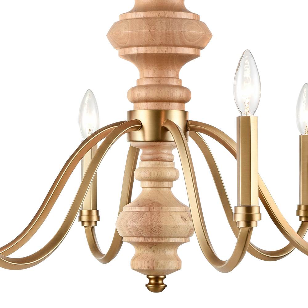 Arabela Lighting 85141-6 Natural Brass 27'' French Country Chandelier In Natural Brass With Natural Solid Wood Center Column Image 6