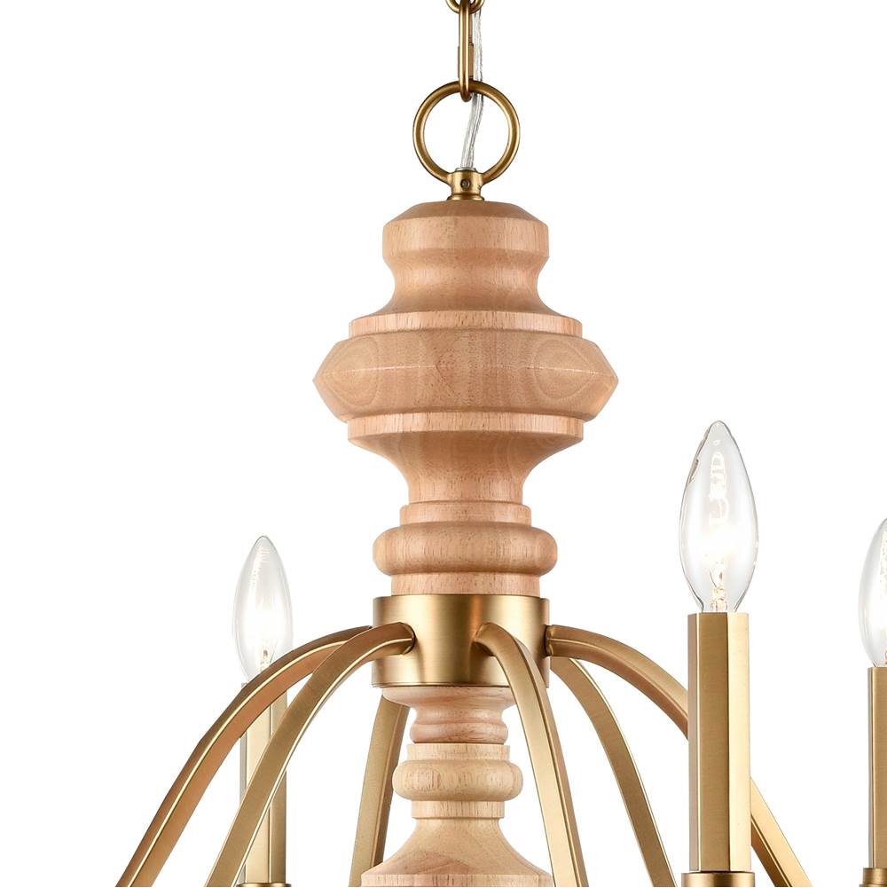 Arabela Lighting 85141-6 Natural Brass 27'' French Country Chandelier In Natural Brass With Natural Solid Wood Center Column Image 5