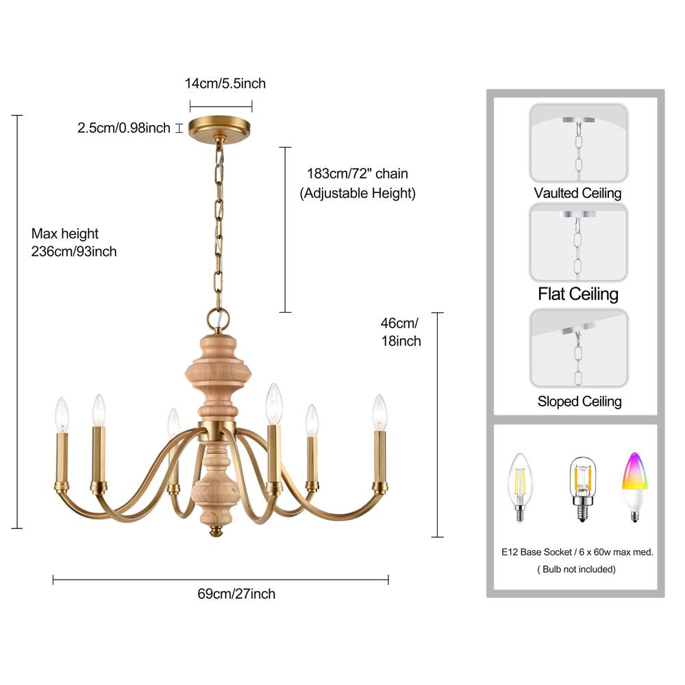Arabela Lighting 85141-6 Natural Brass 27'' French Country Chandelier In Natural Brass With Natural Solid Wood Center Column Image 2