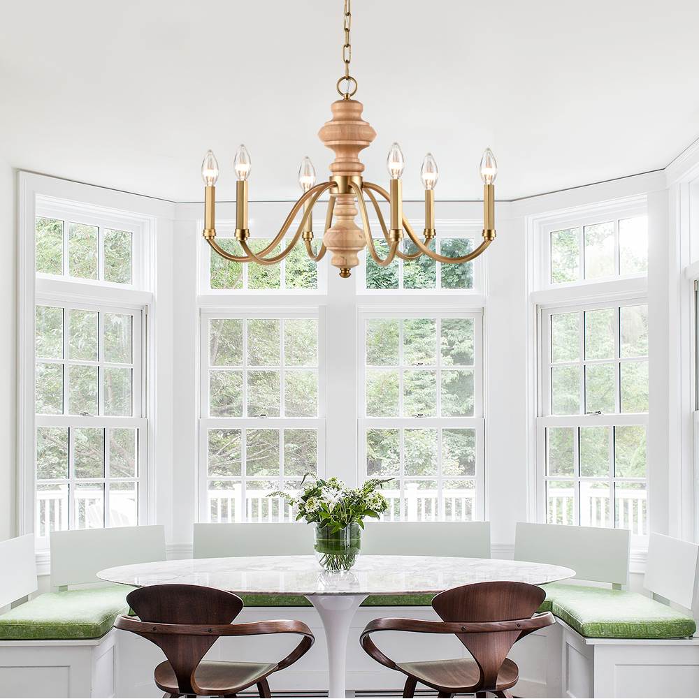 Arabela Lighting 85141-6 Natural Brass 27'' French Country Chandelier In Natural Brass With Natural Solid Wood Center Column Image 3