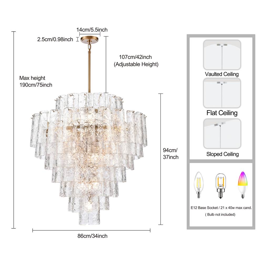 Arabela Lighting 85163-21 Lacquered Gold 37''  Fire And Ice  Chandelier In Lacquered Gold With Textured Clear Glass Image 2
