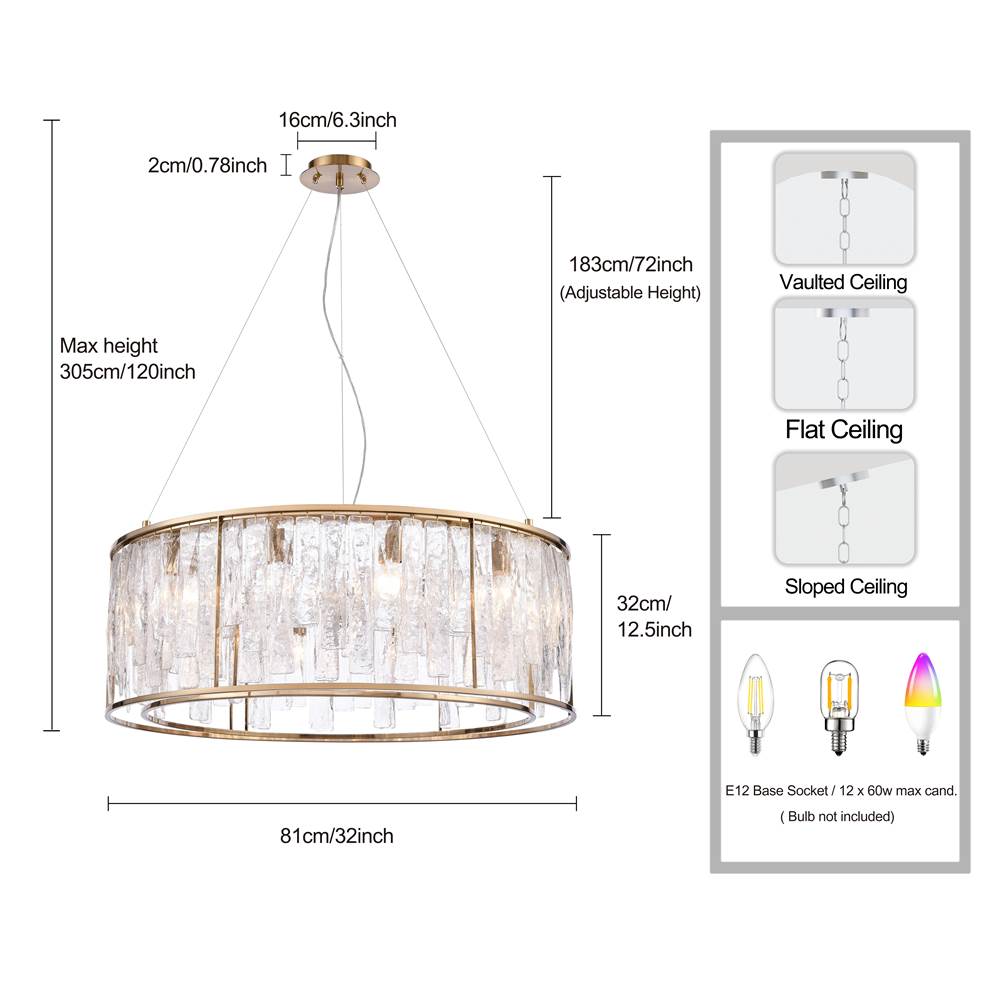 Arabela Lighting 85171-12 Lacquered Gold 32'' Boundaries Pendant In Lacquered Gold With Clear Textured Glass Strips Image 2