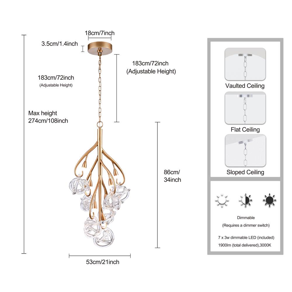 Arabela Lighting 85181-7 Antique Gold Leaf 34'' Freeform Chandelier In Antique Gold  With Clear Art Glass Spheres Image 2