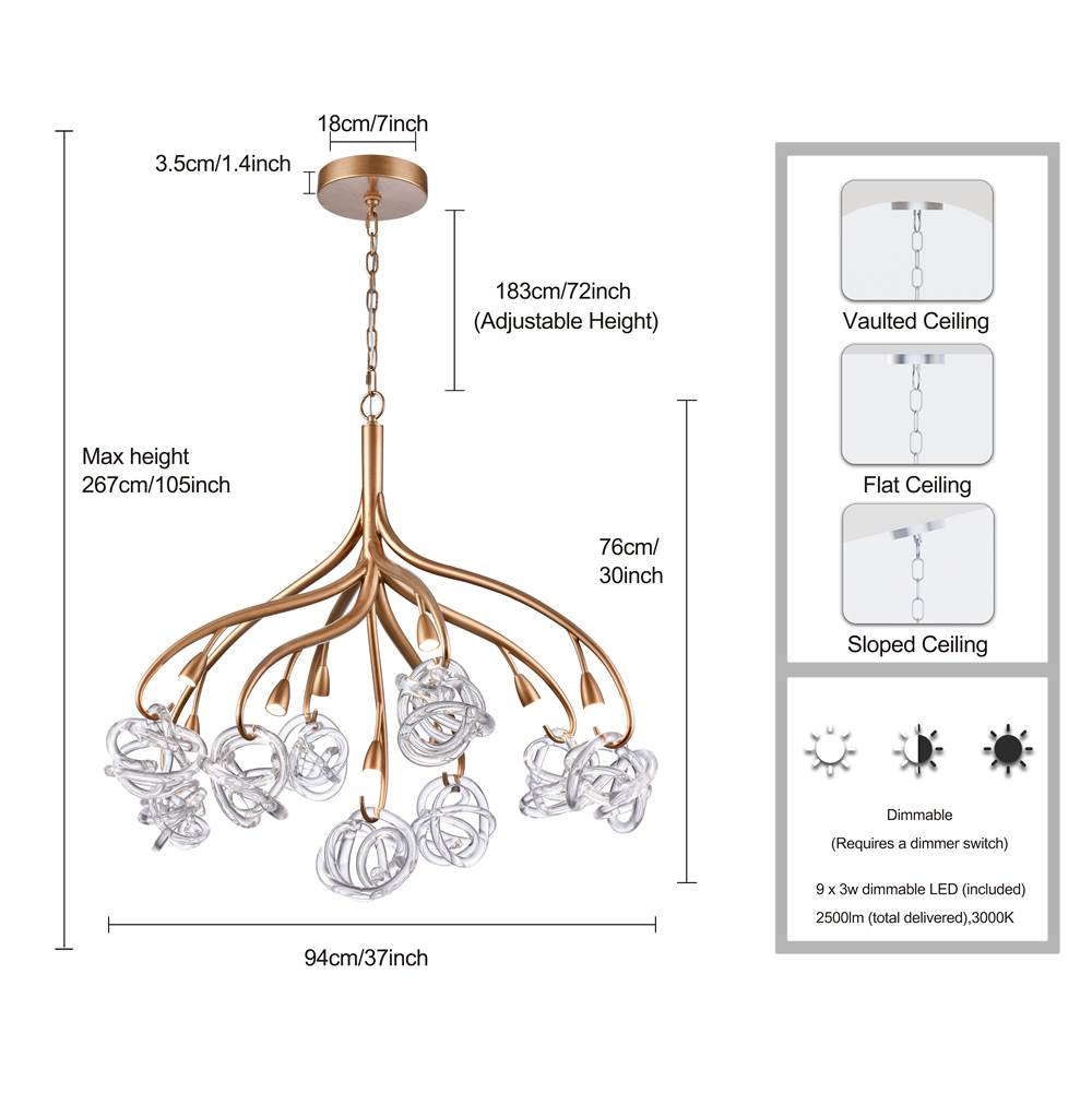 Arabela Lighting 85182-9 Antique Gold Leaf 37'' Freeform Chandelier In Antique Gold  With Clear Art Glass Spheres Image 2