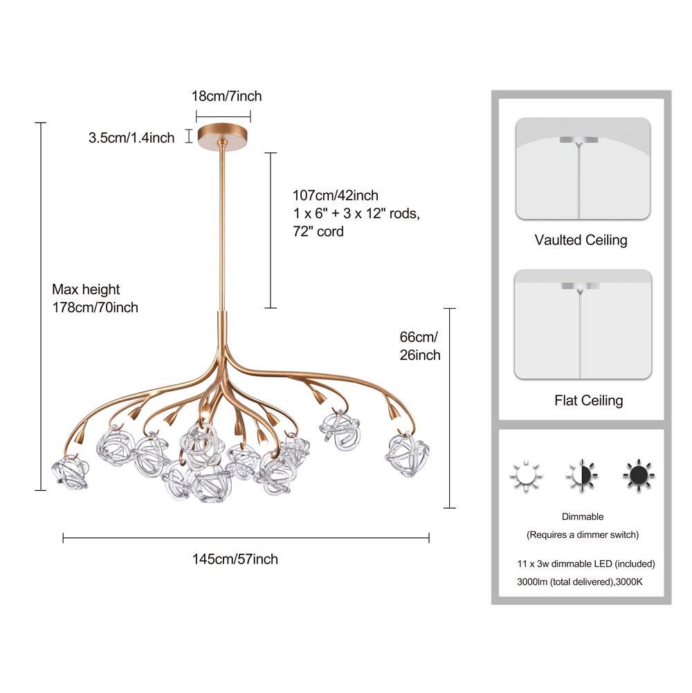Arabela Lighting 85183-11 Antique Gold Leaf 57'' Freeform Chandelier In Antique Gold  With Clear Art Glass Spheres Image 2