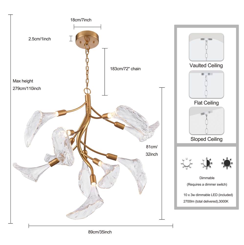 Arabela Lighting 85190-10 Satin Brass 32'' Calla  Chandelier  In Natural Brass  With Clear Hand-formed Glass Flowers Image 2