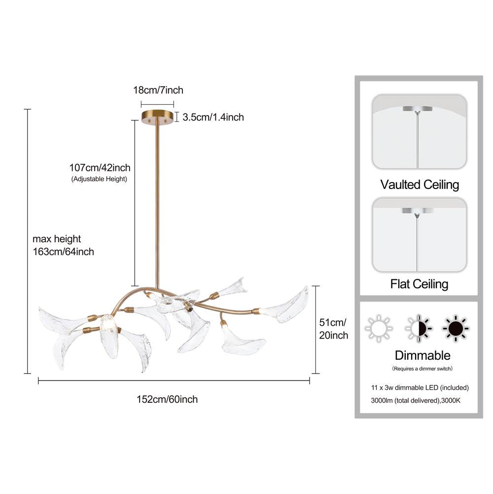 Arabela Lighting 85191-11 Natural Brass 60'' Calla Linear Chandelier In Natural Brass  With Clear Hand-formed Glass Flowers Image 2