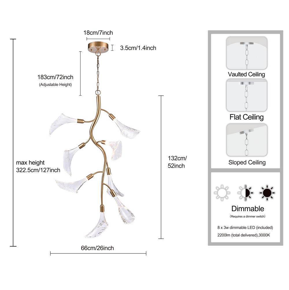 Arabela Lighting 85192-8 Natural Brass 52'' Calla  Chandelier In Natural Brass  With Clear Hand-formed Glass Flowers Image 2