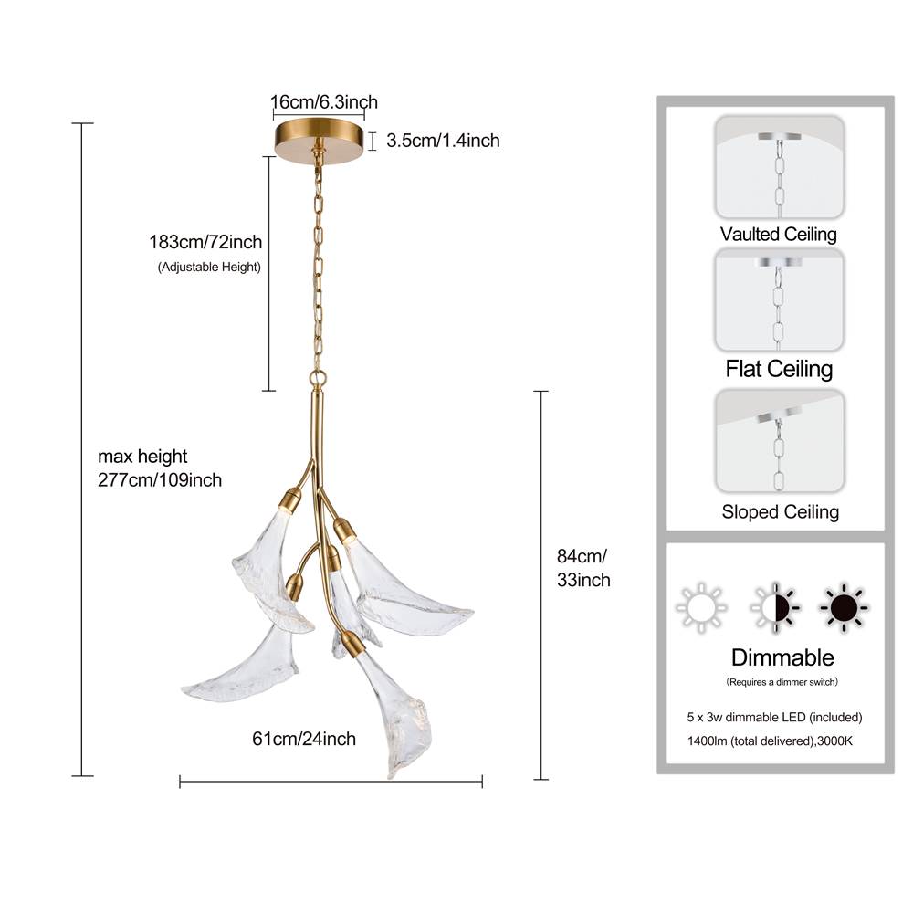 Arabela Lighting 85193-5 Natural Brass 33'' Calla  Chandelier In Natural Brass  With Clear Hand-formed Glass Flowers Image 2