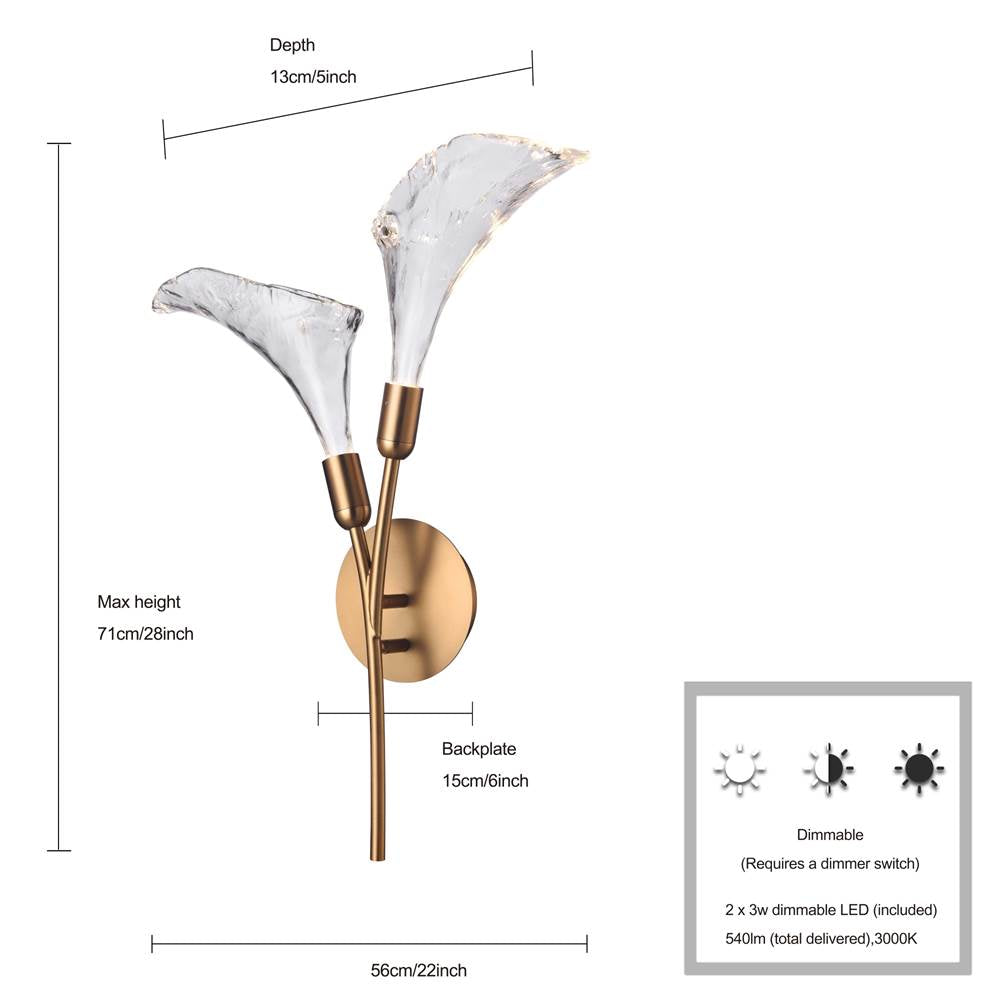 Arabela Lighting 85195-2 Satin Brass 27'' Calla  Sconce In Natural Brass  With Clear Hand-formed Glass Flowers Image 2