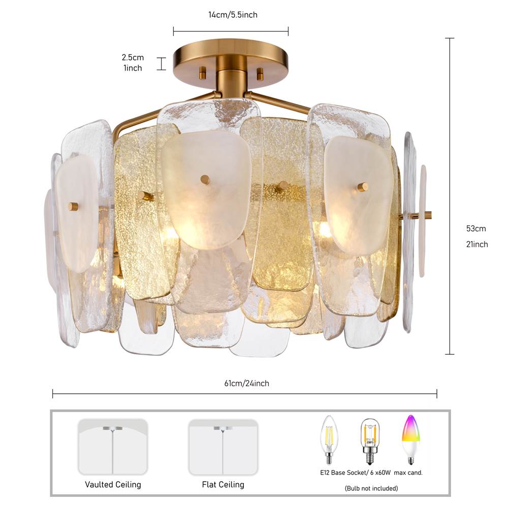 Arabela Lighting 85200-6 Lacquered Gold 24'' Strata Semi Flush In Lacquered Gold With Layers Of Clear, Frosted, And Gold-leafed Glass Image 2