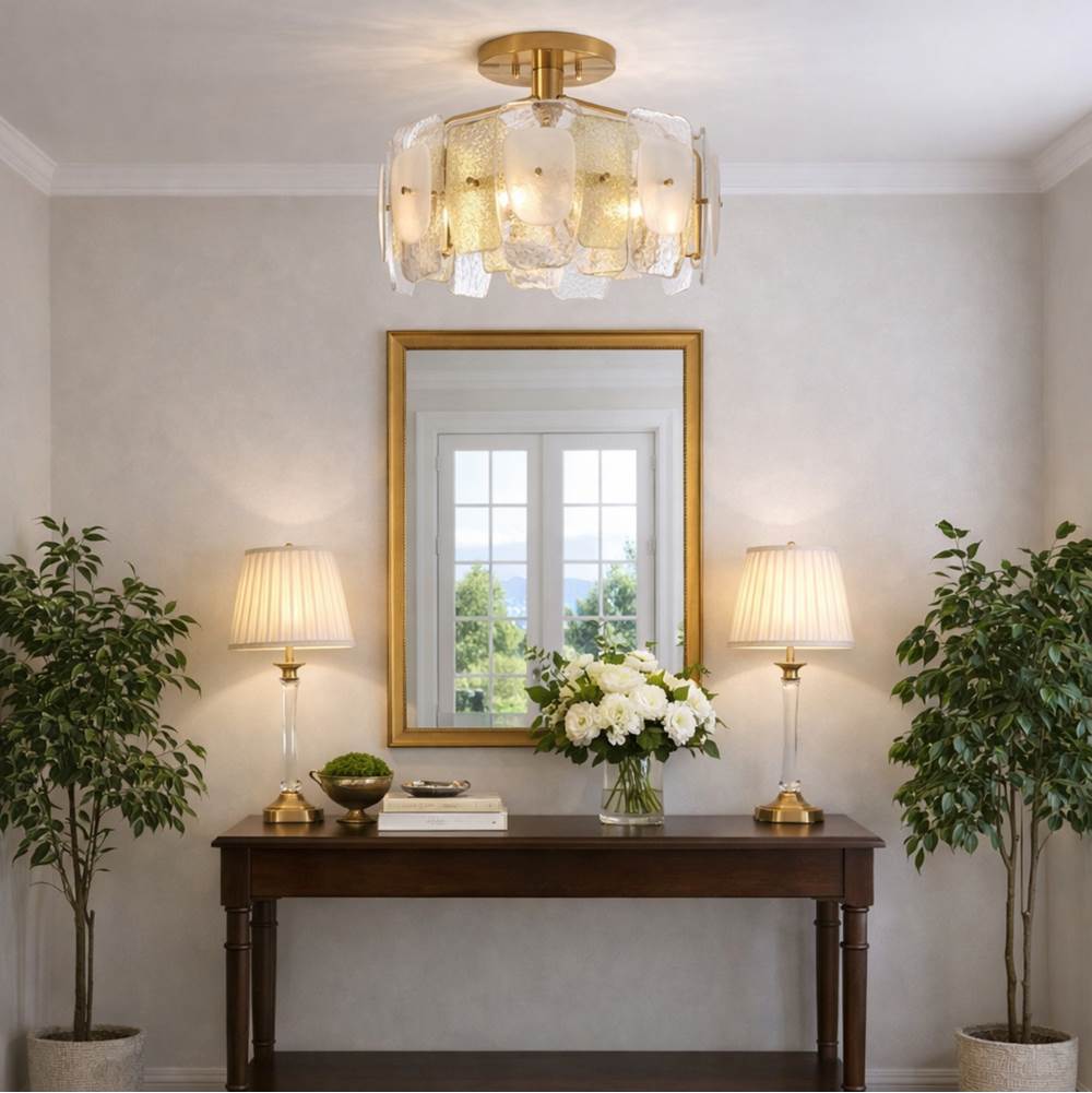 Arabela Lighting 85200-6 Lacquered Gold 24'' Strata Semi Flush In Lacquered Gold With Layers Of Clear, Frosted, And Gold-leafed Glass Image 3