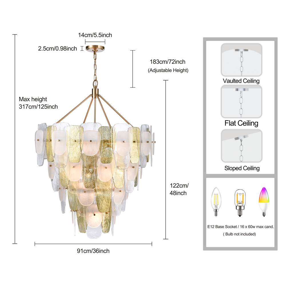 Arabela Lighting 85202-16 Lacquered Gold 48'' Strata Chandelier In Lacquered Gold With Layers Of Clear, Frosted, And Gold-leafed Glass Image 2