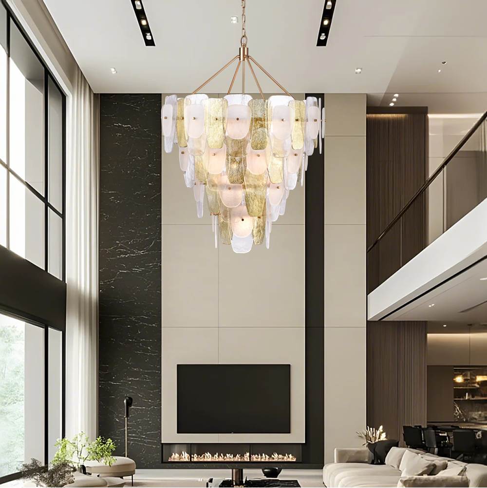 Arabela Lighting 85202-16 Lacquered Gold 48'' Strata Chandelier In Lacquered Gold With Layers Of Clear, Frosted, And Gold-leafed Glass Image 3